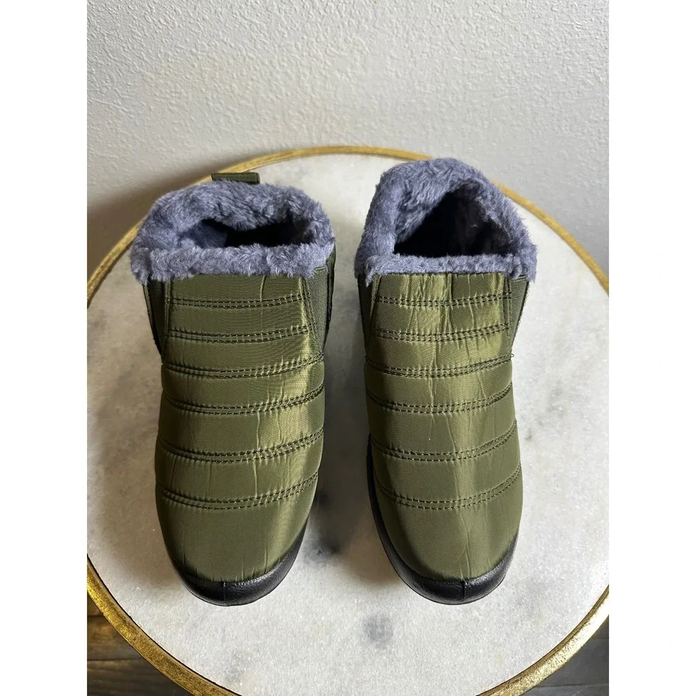 Olive Green Quilted Puffer Ankle Boots Faux Fur Lined Slip On Winter Shoes